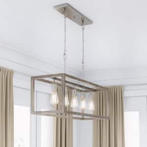 Boswell Quarter 5-Light Brushed Nickel With Weathered Wood Accents Coastal Linear Island Chandelier