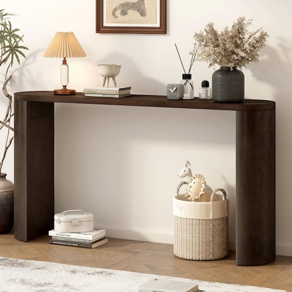 Harper & Bright Designs Geometric Design 59.6 in. Dark Brown Oval Rubber Wood Veneer and MDF Console Table with Semi-Cylindrical Legs