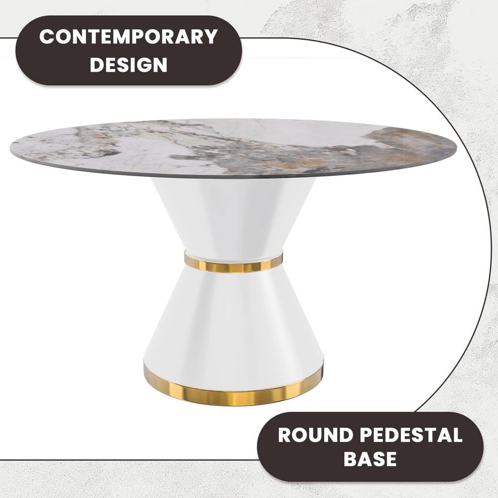 Modern Round White and Gold Dining Table with Glass Top for Six
