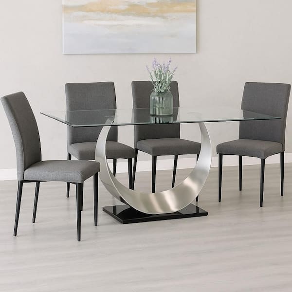 Benjara Chrome and Black Glass Rectangle 36 in. Pedestal Base Dining Table Seats 4