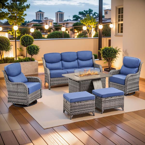 MoonLuxe Gray Wicker Fire Pit Conversation Set with Blue Olefin 6 in. Thick Cushions Patio Swivel Chairs (6-Piece)