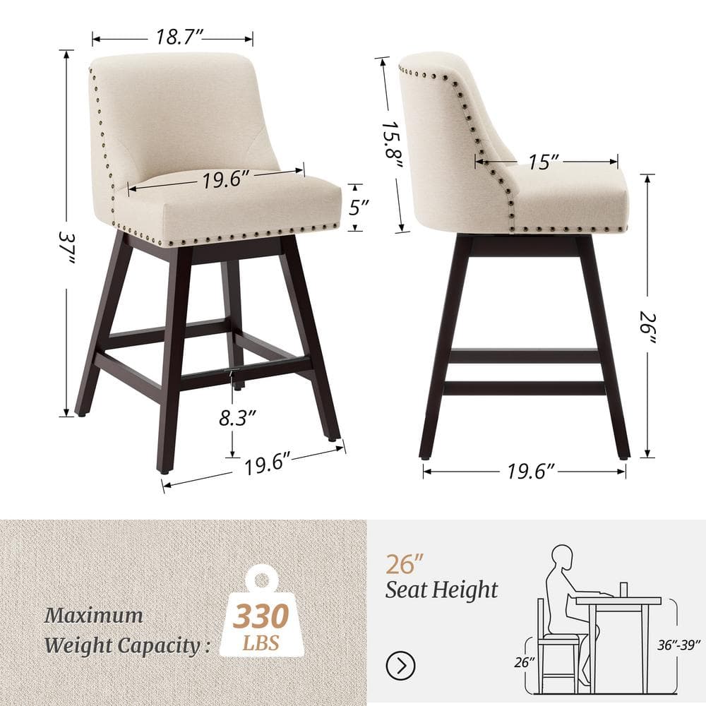 Off-White Linen Upholstered Swivel Counter Stools with Wood Legs, Set of 3