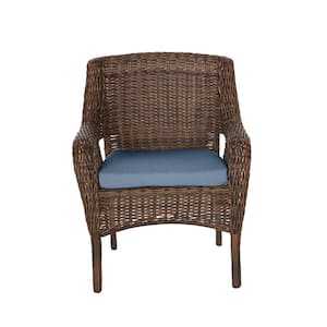 Cambridge Brown Wicker Outdoor Patio Dining Chair with Sunbrella Denim Blue Cushions (2-Pack)