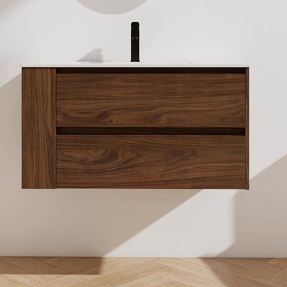 36 in. W x 18 in. D x 20 in. H Single Sink Wall Mounting Bath Vanity in Brown Oak with White Ceramic Top price history on PriceWatchPro