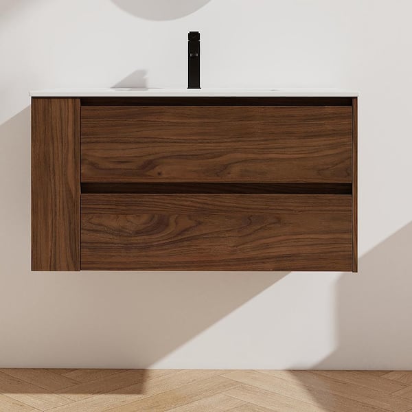 Staykiwi 36 in. W x 18 in. D x 20 in. H Single Sink Wall Mounting Bath Vanity in Brown Oak with White Ceramic Top