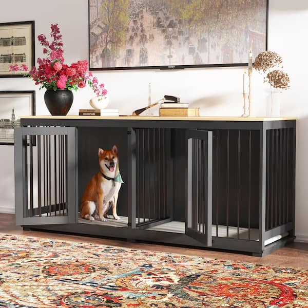 71 in. Heavy-Duty Wooden Large Dog Pens, Indoor Dog Crate House with Double Rooms for Large Medium Small Dogs, Black