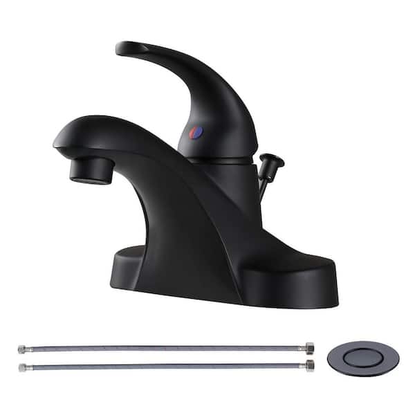 Modern 4 in. Centerset Low Arc Single Handle Bathroom Faucet with Lift Rod Drain Kit in Matte Black