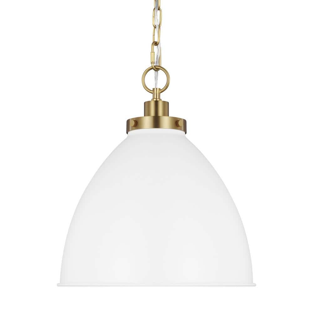 Matte White and Burnished Brass 13.5" Indoor/Outdoor Dome Pendant