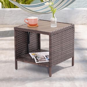 Patio HIPS Side Table, Square Coffee Table, Outdoor Secondary Space Rattan End Table, Brown