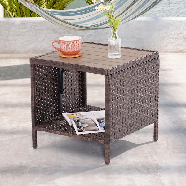 JOYESERY Patio HIPS Side Table, Square Coffee Table, Outdoor Secondary Space Rattan End Table, Brown