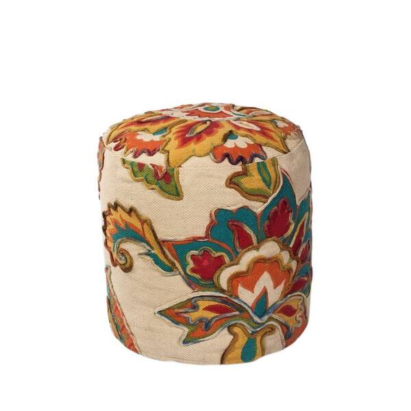 Kas Rugs Grand Floral Ivory and Teal Accent Pouf