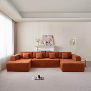 137.79 in Wide Square Arm Chenille U-Shaped Modern Upholstered Sofa in Orange with 4-Pillows