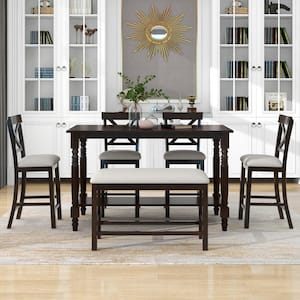 6-Pieces Espresso Wood Top Counter Height Dining Table Set with Storage Shelf 4 Cushioned Chairs and 1 Bench for Kitchen