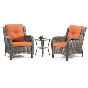 3-Piece Wicker Patio Outdoor Lounge Chair Set with Orange Cushions and Side Table