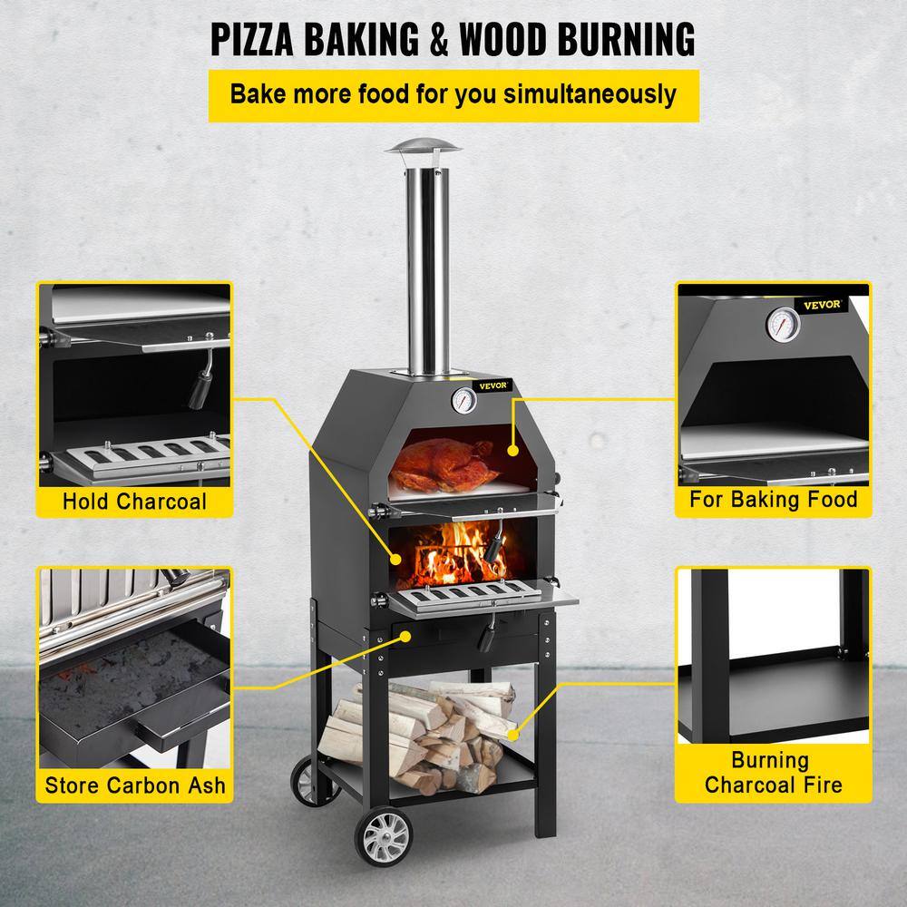 Black Steel 2-Layer Outdoor Gas Pizza Oven with Wheels