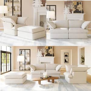 Overstuffed Down Filled Comfort Modular Linen Flannel Living Room Sofa Set with Accent Chair,2-Seater and Ottoman, Beige