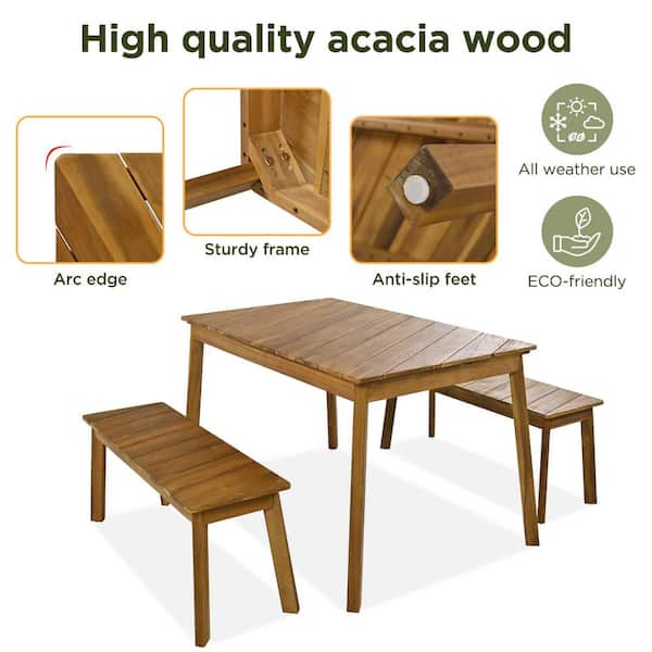 3 Pieces Acacia Wood Outdoor Dining Set with Table Bench and Picnic Beer Table for Patio, Porch, Garden