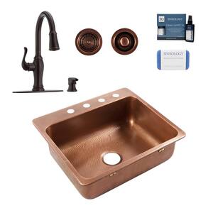 Angelico 25 in. 4-Hole Drop-In Single Bowl 17 Gauge Antique Copper Kitchen Sink with Maren Bronze Faucet Kit