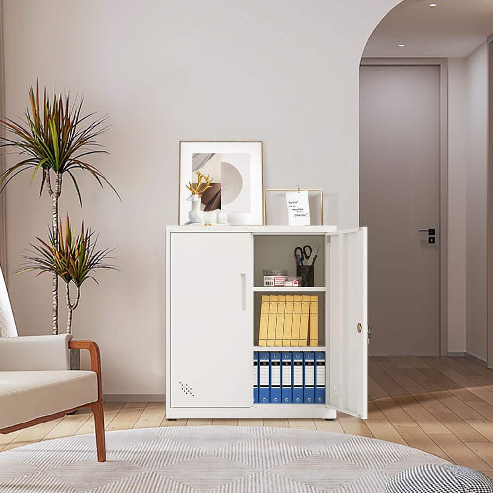 White 35.43 in. H Metal Accent Storage Cabinet 2-Doors Lockable File ...