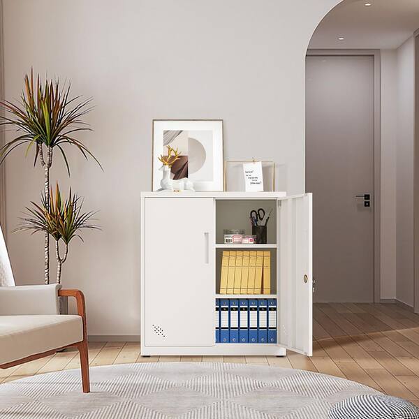 Unbranded White 35.43 in. H Metal Accent Storage Cabinet 2-Doors Lockable File Cabinet with Adjustable Shelves for Home Office