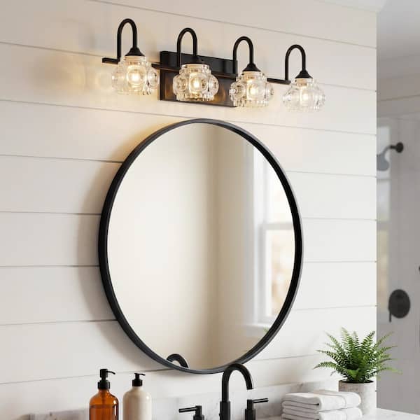 23 in 4 Light Modern Black Grain Finish Vanity Light Fixture Bathroom Over Mirror WallLights Crystal Glass Shades Living