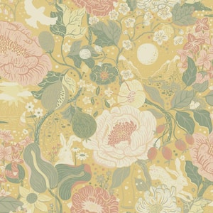Yellow Vaxa Butter Rabbits and Rosehips Paper Non-Pasted Non-Woven Matte Wallpaper