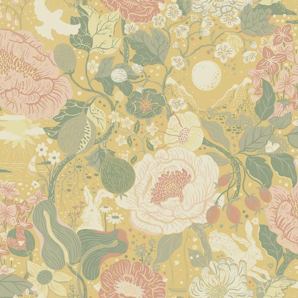 A-Street Prints Yellow Vaxa Butter Rabbits and Rosehips Wallpaper Sample