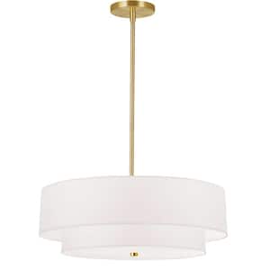 Everly 4-Light Aged Brass Shaded Pendant Light with White Fabric Shade