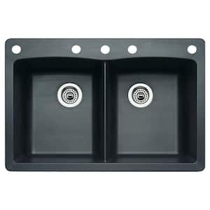 Diamond Dual-Mount Granite 33 in. 5-Hole 50/50 Double Bowl Kitchen Sink in Anthracite