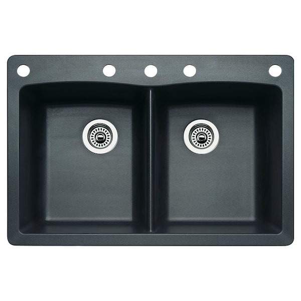 Blanco Diamond Dual-Mount Granite 33 in. 5-Hole 50/50 Double Bowl Kitchen Sink in Anthracite