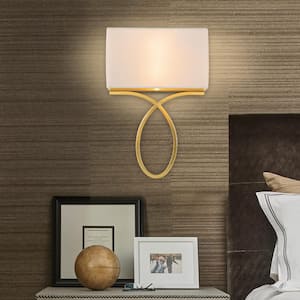 9.75 in. 2-Light Gold Modern Transitional Plug-in and Hardwired Wall Sconce with White Linen Shade