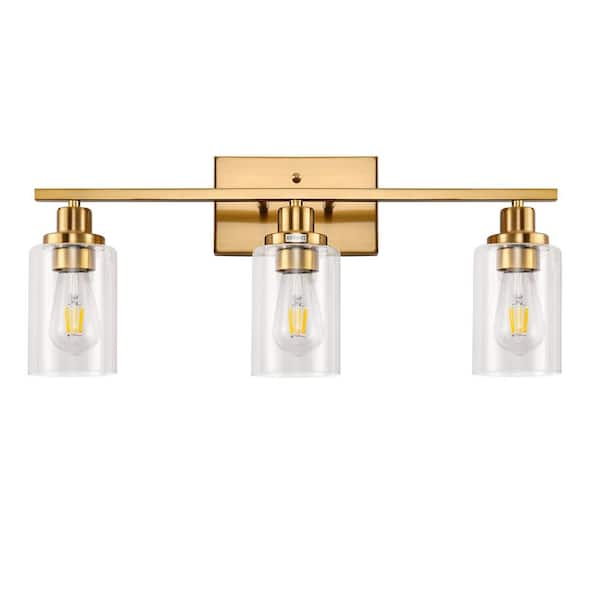 24 in. 3-Light Industrial Gold Vanity Light Fixtures for Bathroom with Clear Glass Shades for Bathroom, Vanity