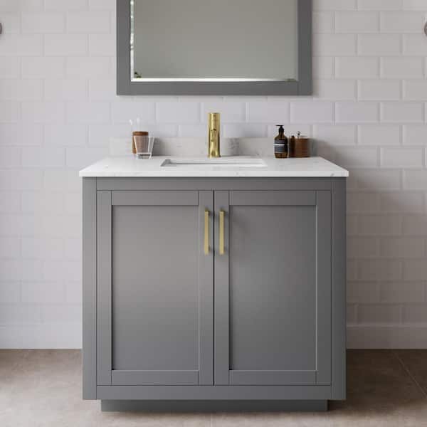 Wyndham Collection Miranda 36 in. W Single Bath Vanity in Dark Gray with Cultured Marble Vanity Top in Light-Vein Carrara with White Basin