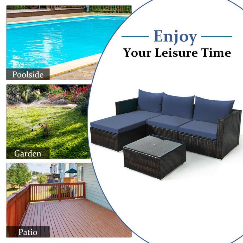 Navy Cushioned 5-Piece Brown Aluminum Patio Set