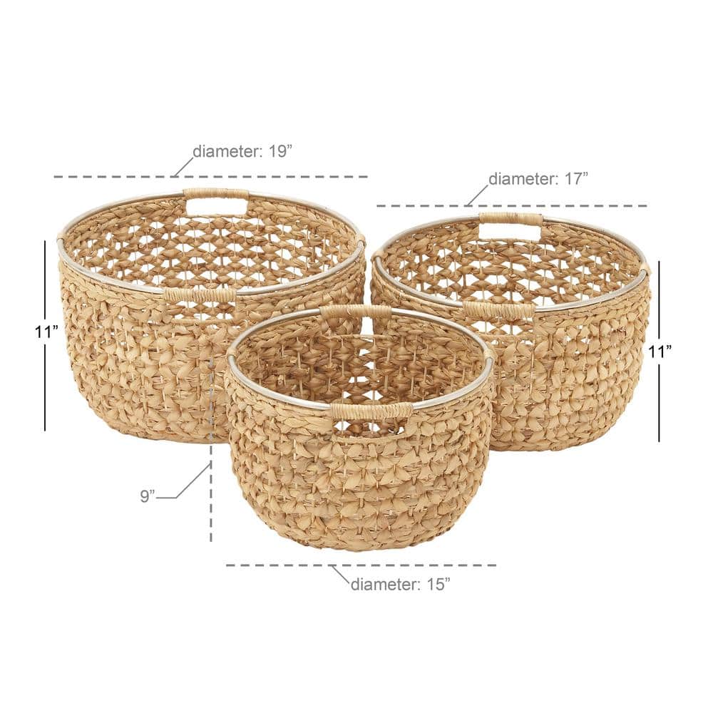 Polished Seagrass Round Storage Basket with Metal Handles
