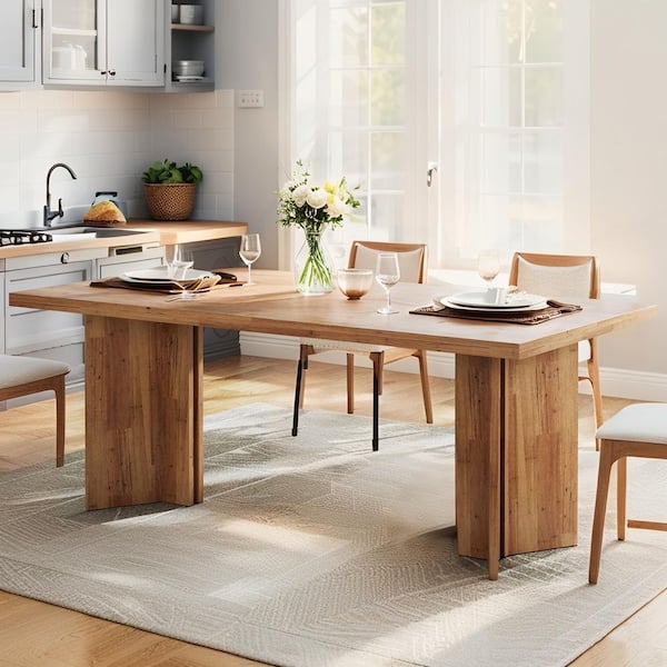 BYBLIGHT Farmhouse Walnut Brown Engineered Wood 63 in. Double Pedestal Rectangular Dining Table Seats 6, Kitchen Table for Dinner