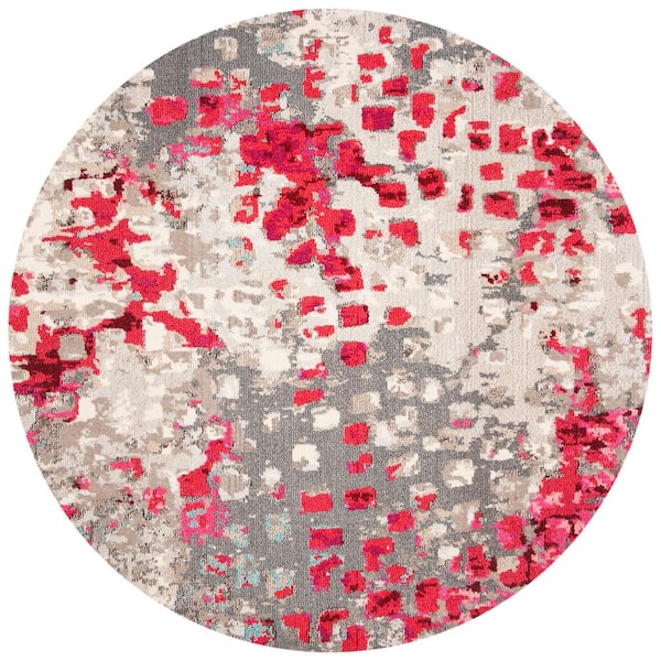 SAFAVIEH Madison Gray/Red 7 ft. x 7 ft. Round Geometric Area Rug