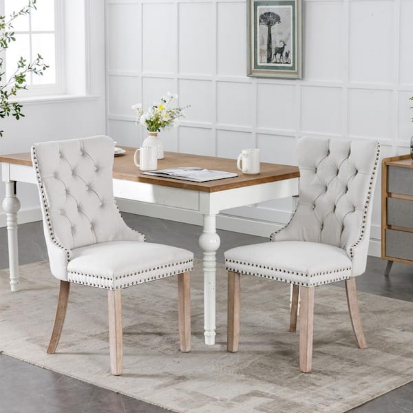 Noble House Jilla Beige Modern Upholstered Button-Tufted Dining Chairs with Nailhead Trim, Rubberwood Legs, Set of 2