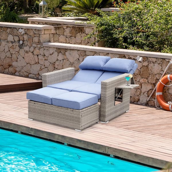 Cesicia 2-Piece Wicker Outdoor Chaise Lounge with Blue Cushions and ...