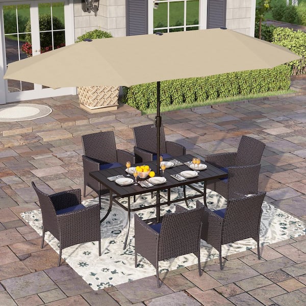 PHI VILLA Black 8-Piece Metal Patio Outdoor Dining Set with Rectangle Table, Beige Umbrella and Rattan Chairs with Blue Cushion
