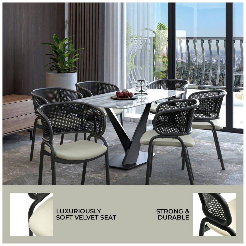Modern Black Metal and Cane Arm Chair with Beige Upholstered Seat