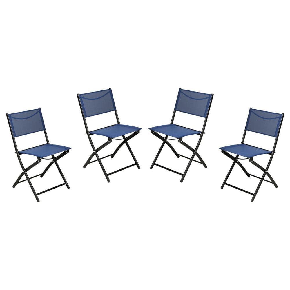 Black Steel Outdoor Lounge Chair in Blue (Set of 4)