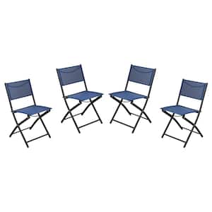 Black Steel Outdoor Lounge Chair in Blue (Set of 4)