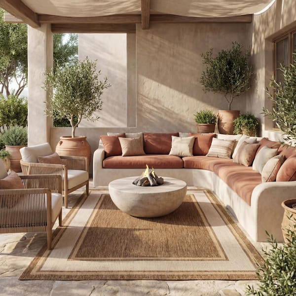 Marienne Bordered Brown 8 ft. x 10 ft. Outdoor Area Rug