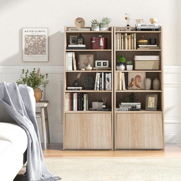 Gymax 47 in. Tall Natural Wood 5 Shelves Bookcase with 6-tier and Filp-up Door