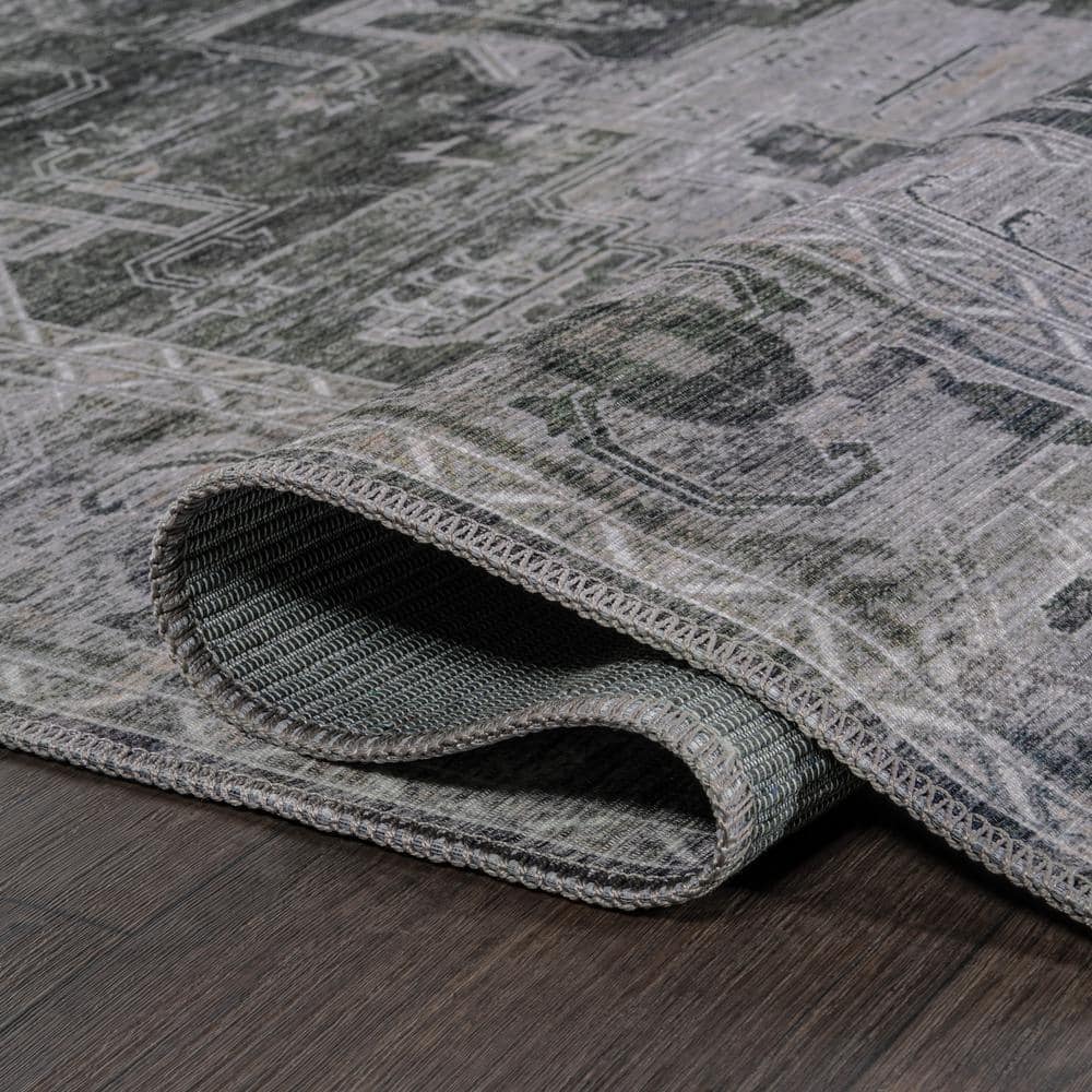 Alanya Dark Green and Gray Medallion Washable 8' x 10' Area Rug