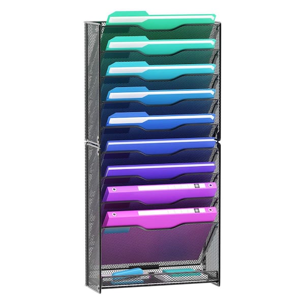 Unbranded 10-Tier Wall Magazine Rack-Black Metal Mesh, Wall-Mounted Document & Mail Holder，12.6 in. x 5.3 in. x 27.6 in.