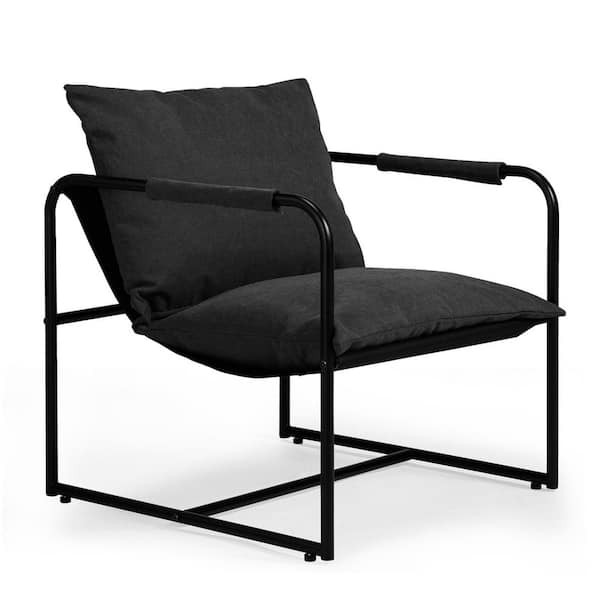 VINGLI Metal Frame Modern Armrest Sling Outdoor Accent Lounge Chair with Black Comfy Soft Cushion for Indoor Outdoor Use