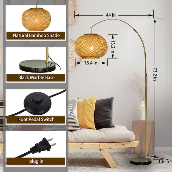 AloaDecor Lighting 1-Light Antique Brass Gold Arc Floor Lamp with  Hand-woven Bamboo Shade in the Floor Lamps department at