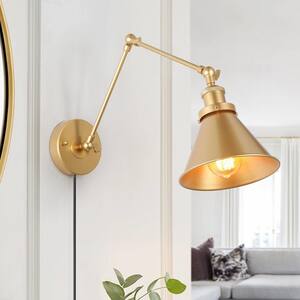 Brass Swing Arm Wall Lamp Modern Gold Linear 1-light Hardwired/Plug-In Table Industrial Wall Sconce with Adjustable Arms